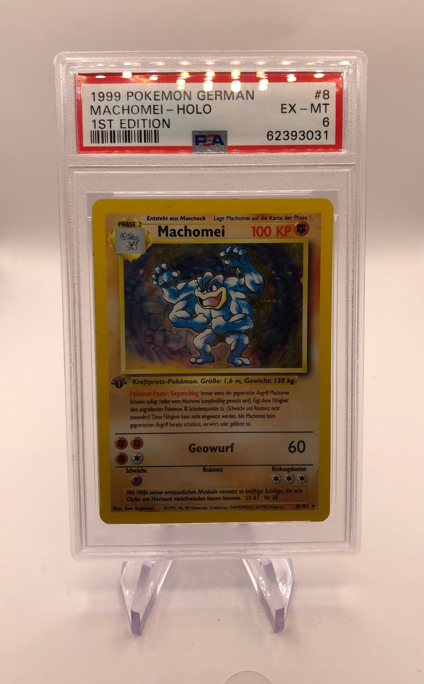 Pokemon Karte PSA 6 1.Edition Base Set Holo Machomei 8/102 Deutsch