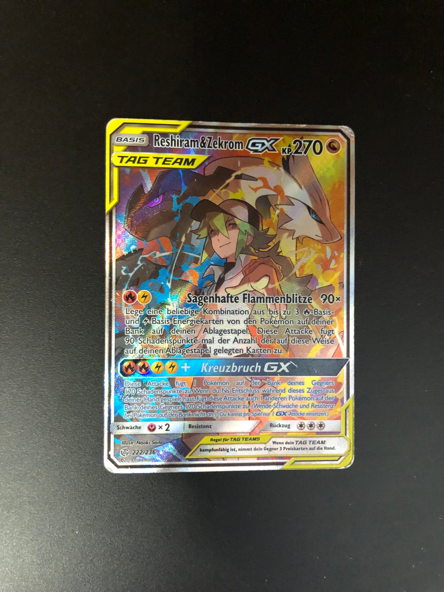 Pokemon Karte GX Alt-Art Tag Team Reshiram & Zekrom 222/236 Deutsch
