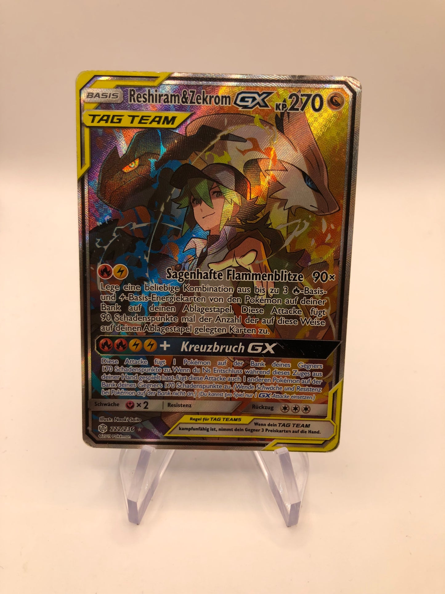 Pokemon Karte GX Alt-Art Tag Team Reshiram & Zekrom 222/236 Deutsch