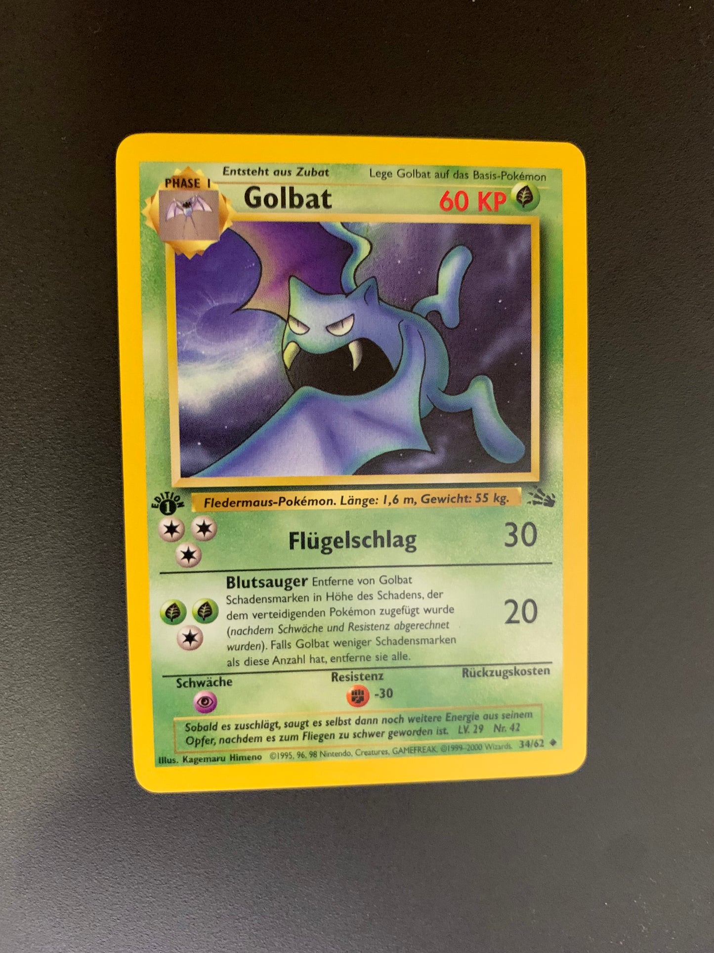 Pokemon Karte Fossil 1.Edition Golbat 34/62 Deutsch