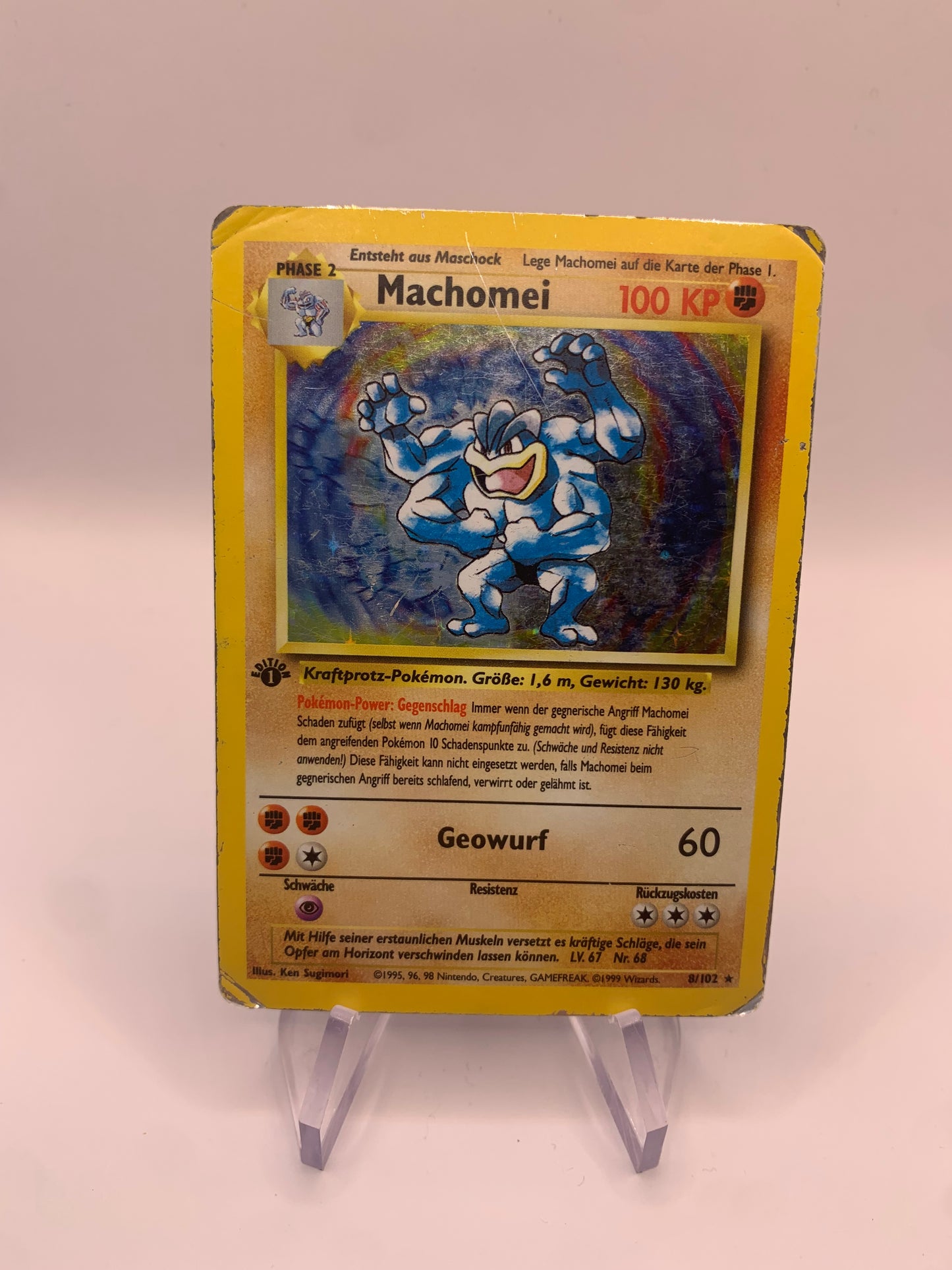 Pokemon Karte Holo Machomei 1st Edition 8/102 Base Set Deutsch