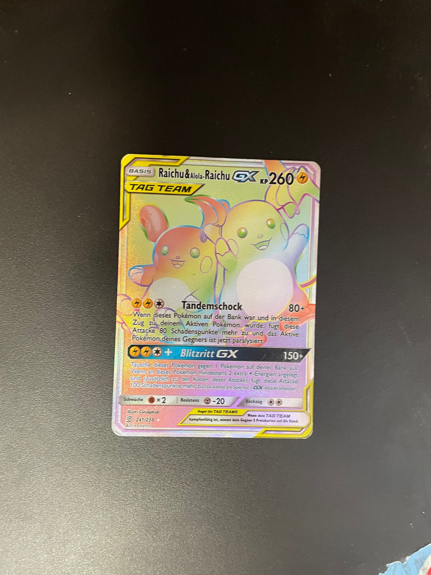 Pokemon Karte GX Tag Team Rainbow Raichu & Alola-Raichu 241/236 Deutsch