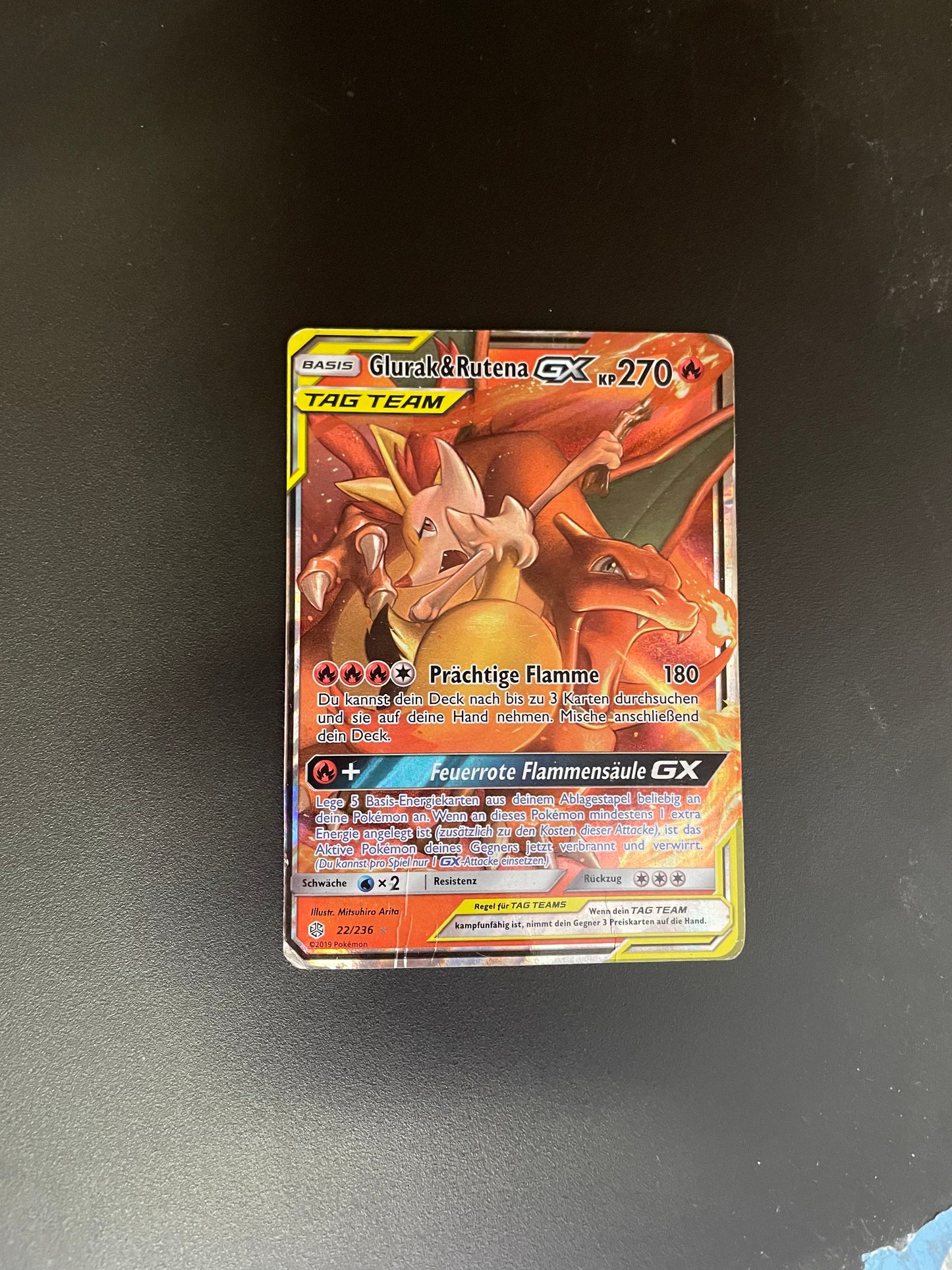 Pokemon Karte Glurak & Rutena GX Tagteam 22/236 Deutsch