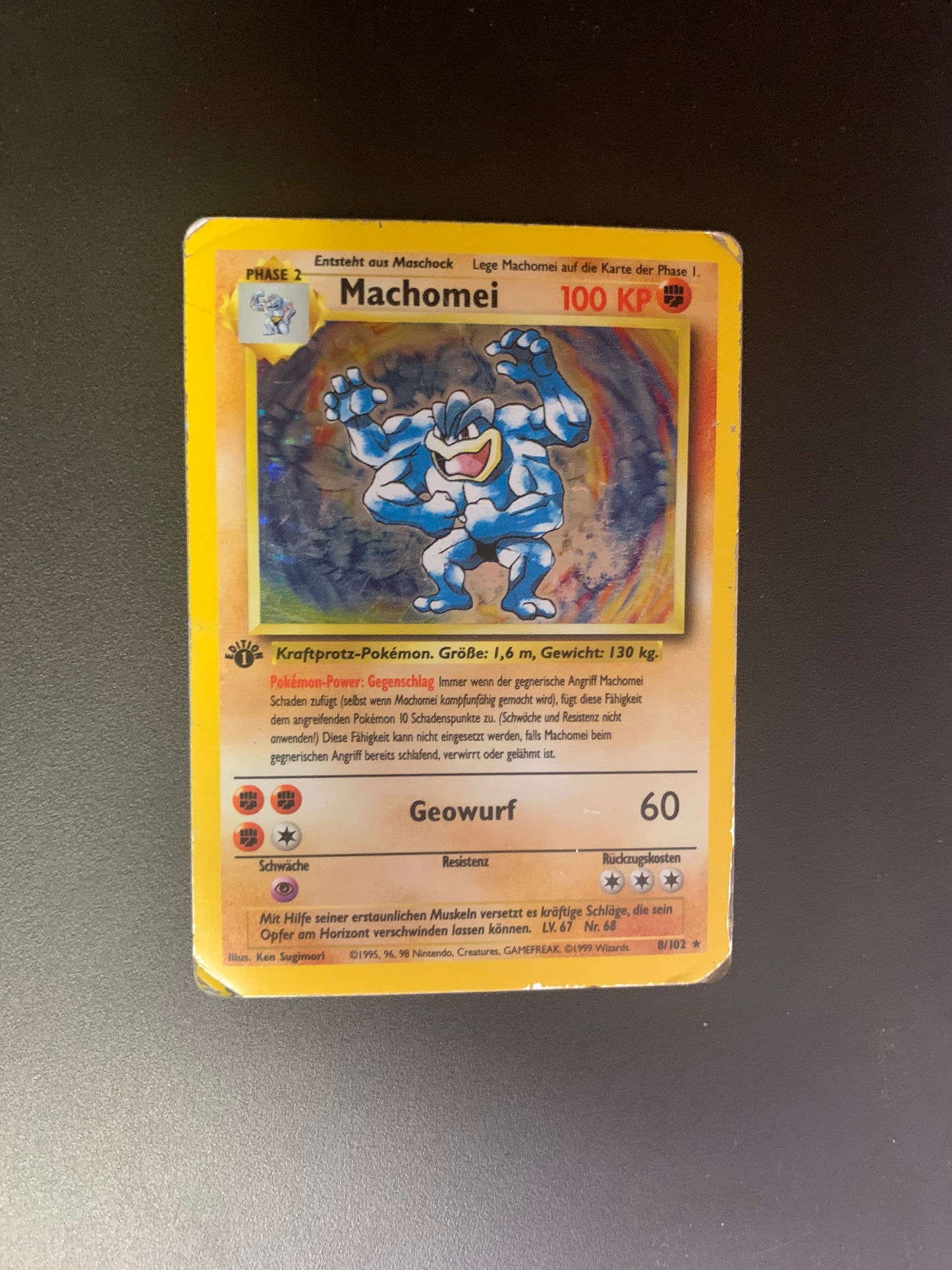 Pokemon Karte Holo Machomei 1st Edition 8/102 Base Set Deutsch