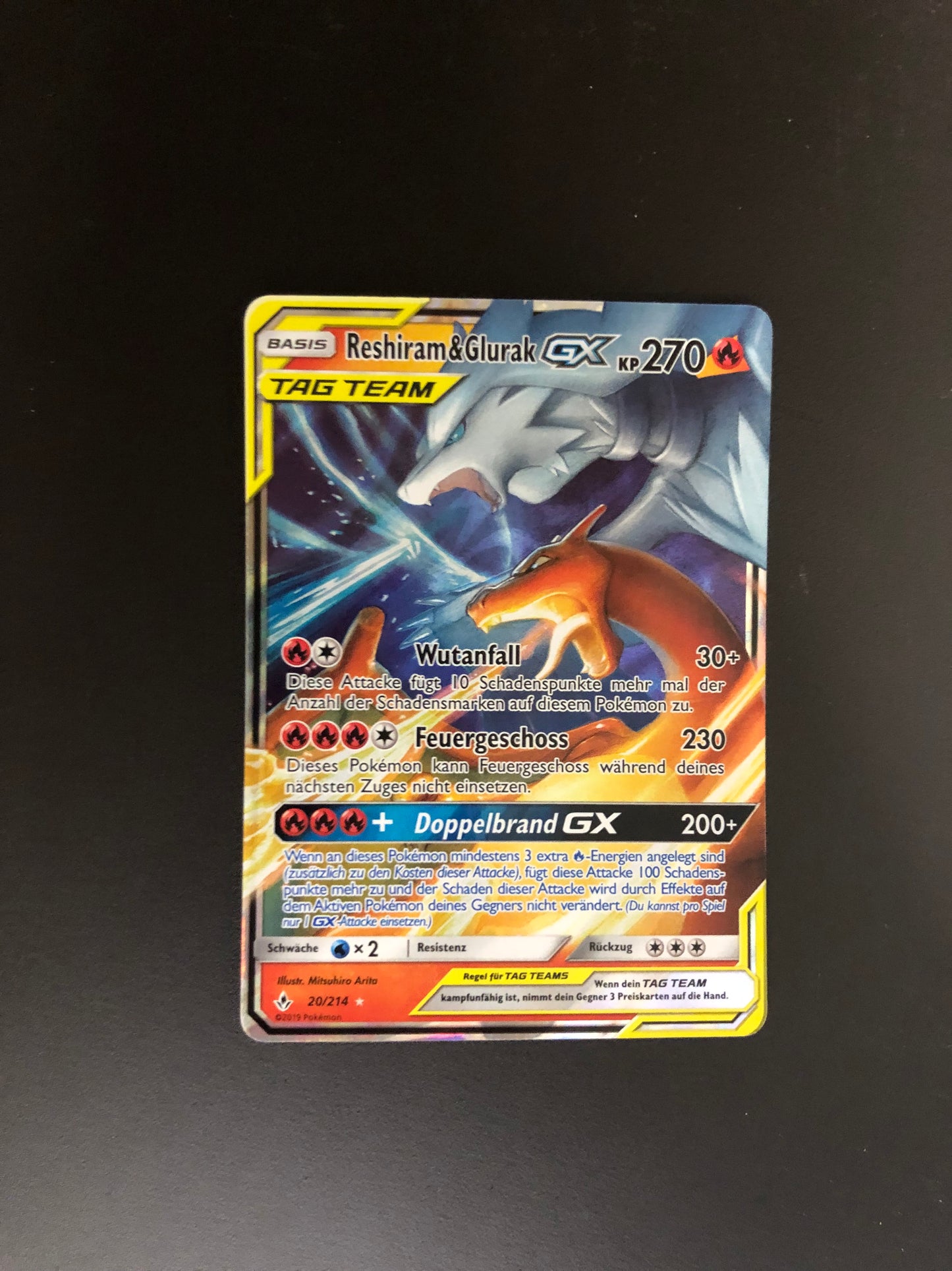 Pokemon Karte GX Tag Team Reshiram & Glurak 20/214 Deutsch