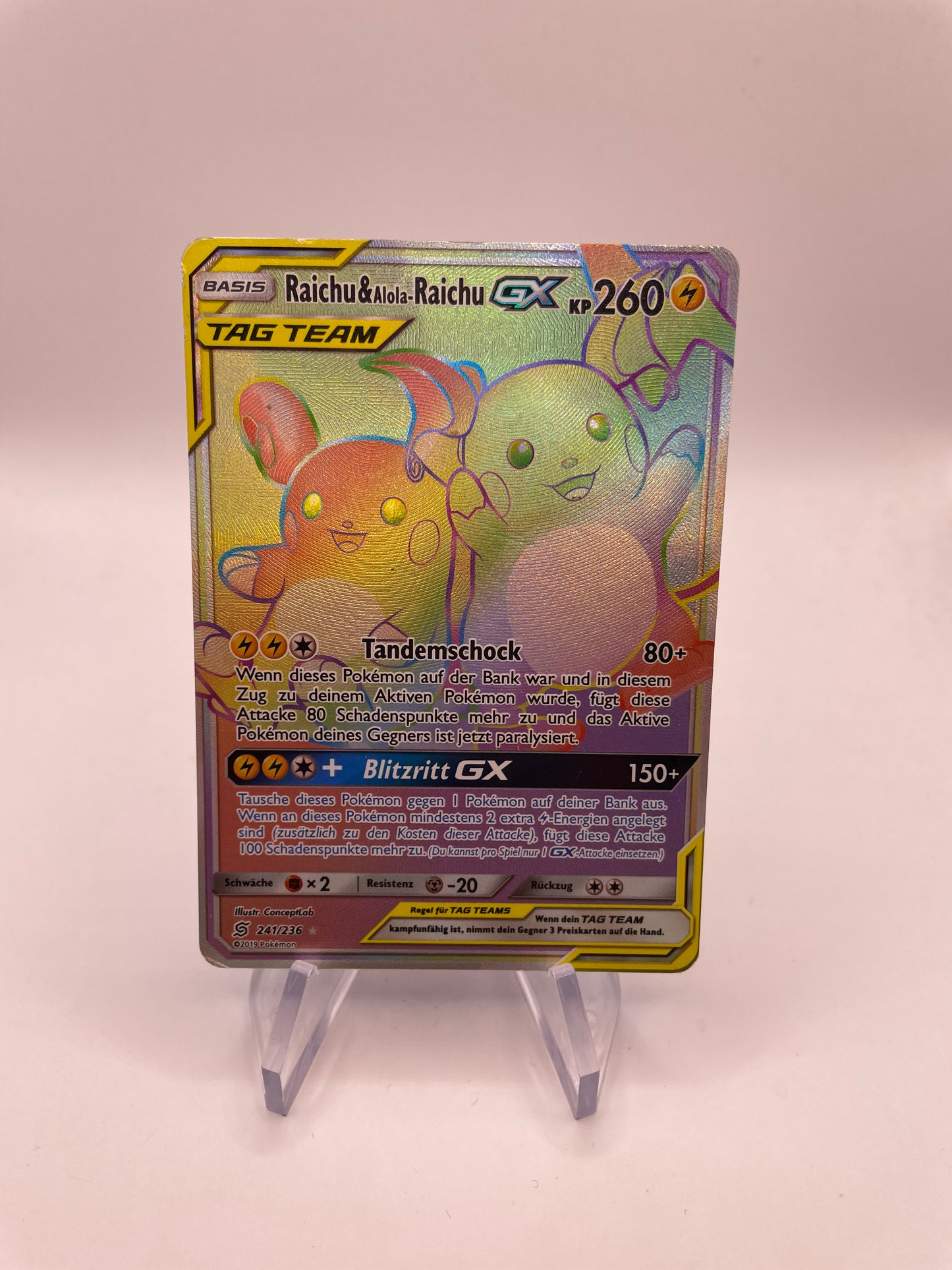 Pokemon Karte GX Tag Team Rainbow Raichu & Alola-Raichu 241/236 Deutsch