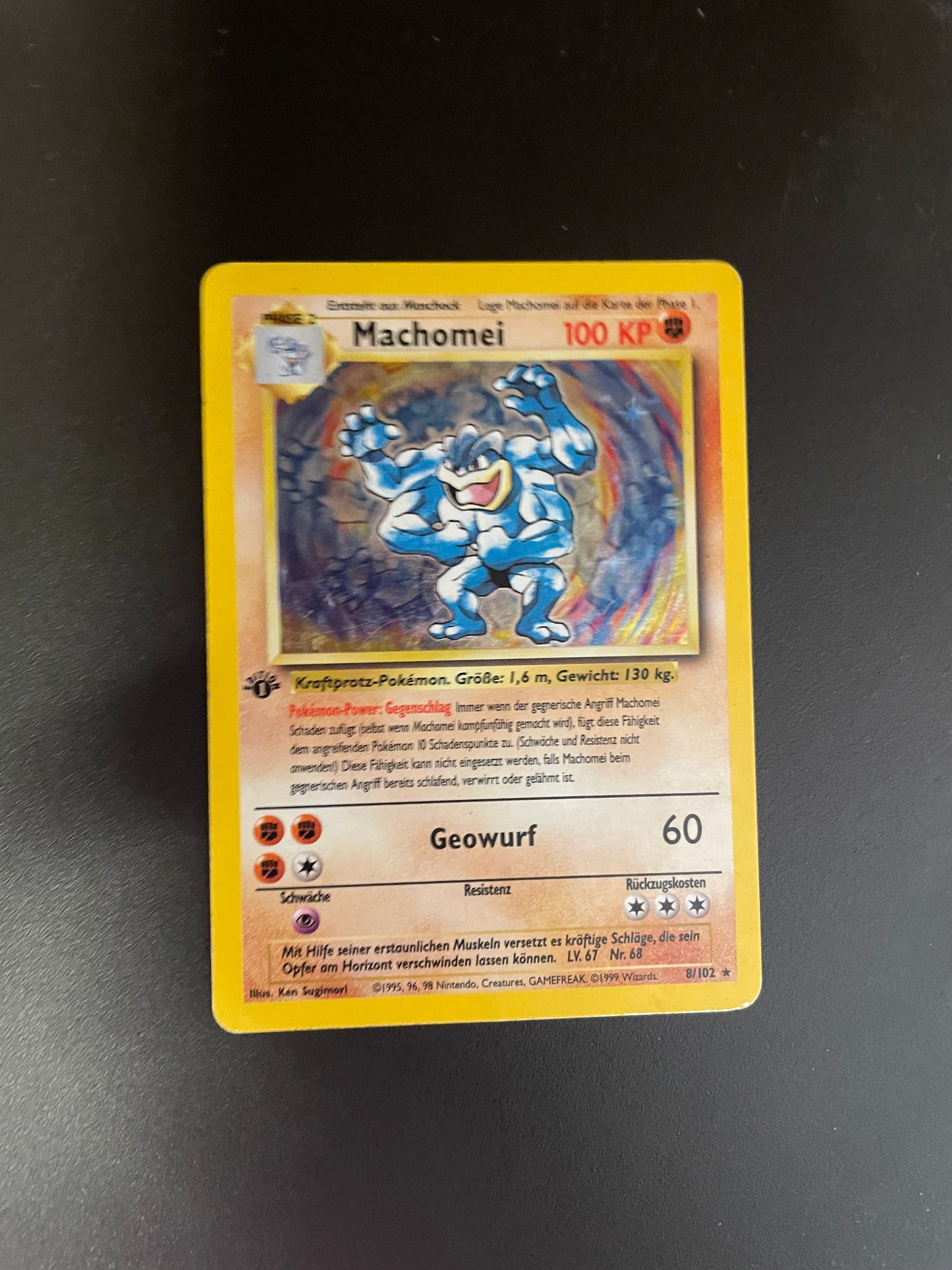 Pokemon Karte Holo 1.Edition Machomei 8/102 Deutsch