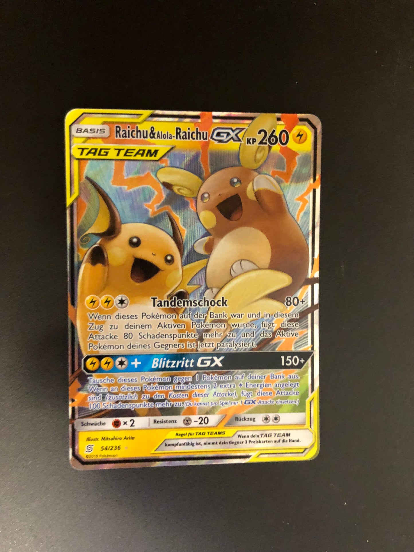Pokemon Karte GX Tag Team Raichu & Alola Raichu 54/236 Deutsch