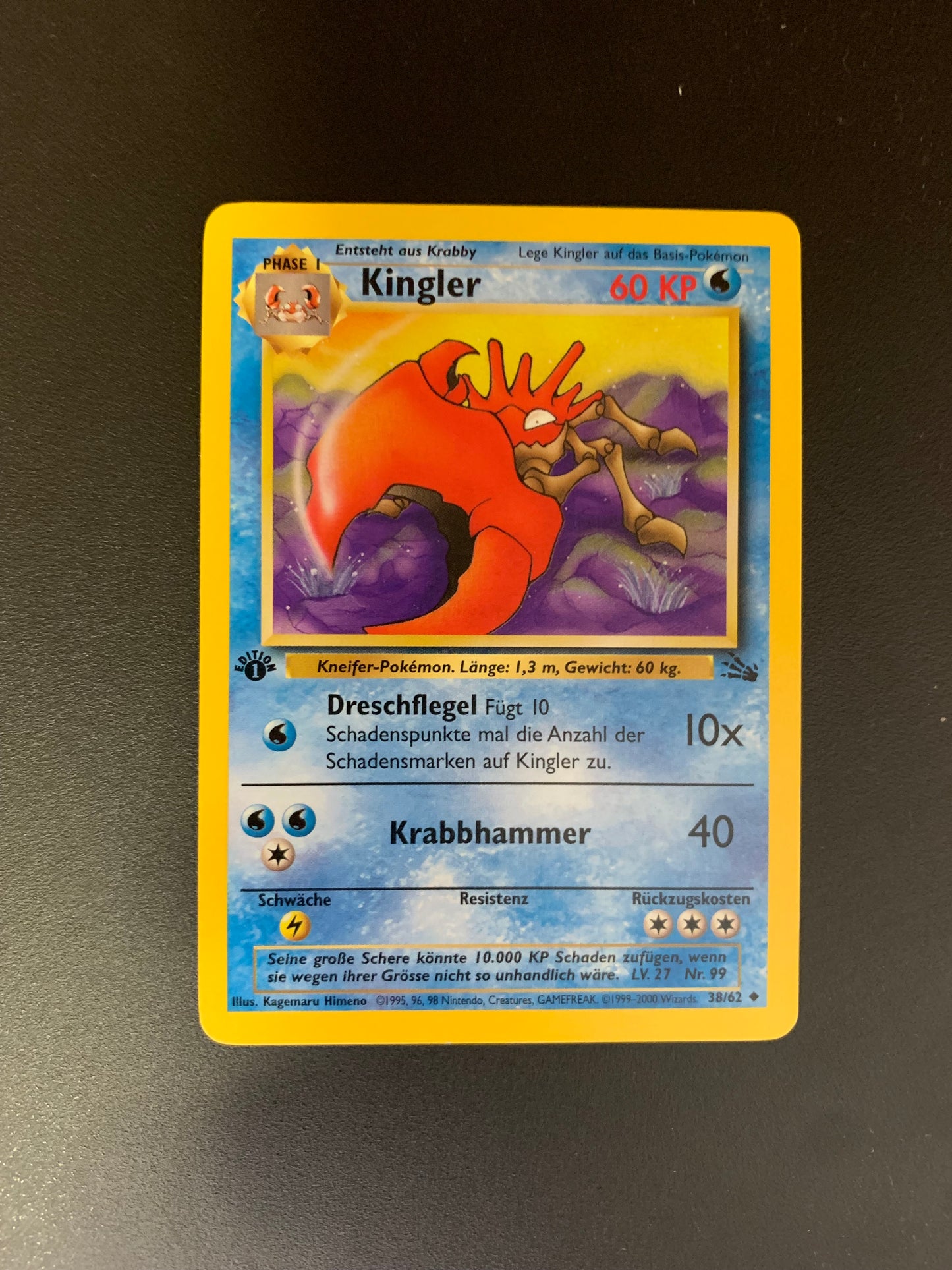 Pokemon Karte Fossil 1.Edition Kingler 38/62 Deutsch