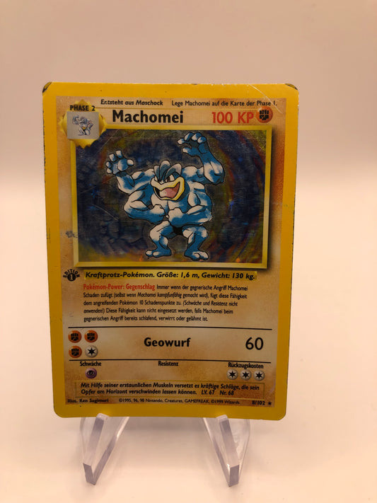 Pokemon Karte Holo 1.Edition Machomei 8/102 Deutsch
