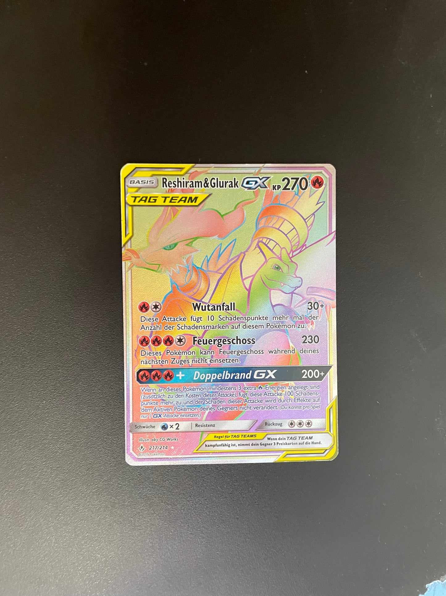 Pokemon Karte Tag Team Rainbow Glurak und Reshiram 217/214 Deutsch