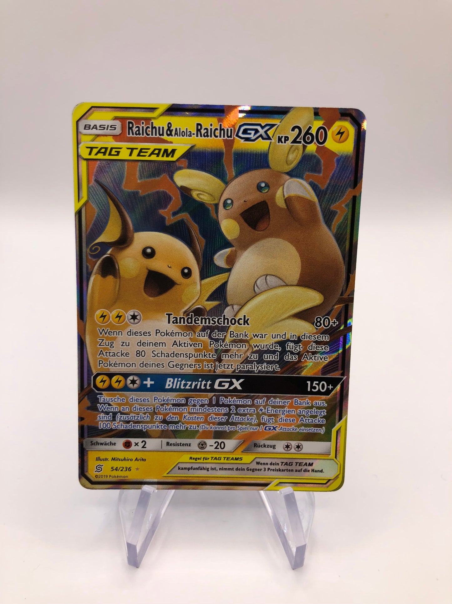 Pokemon Karte GX Tag Team Raichu & Alola Raichu 54/236 Deutsch