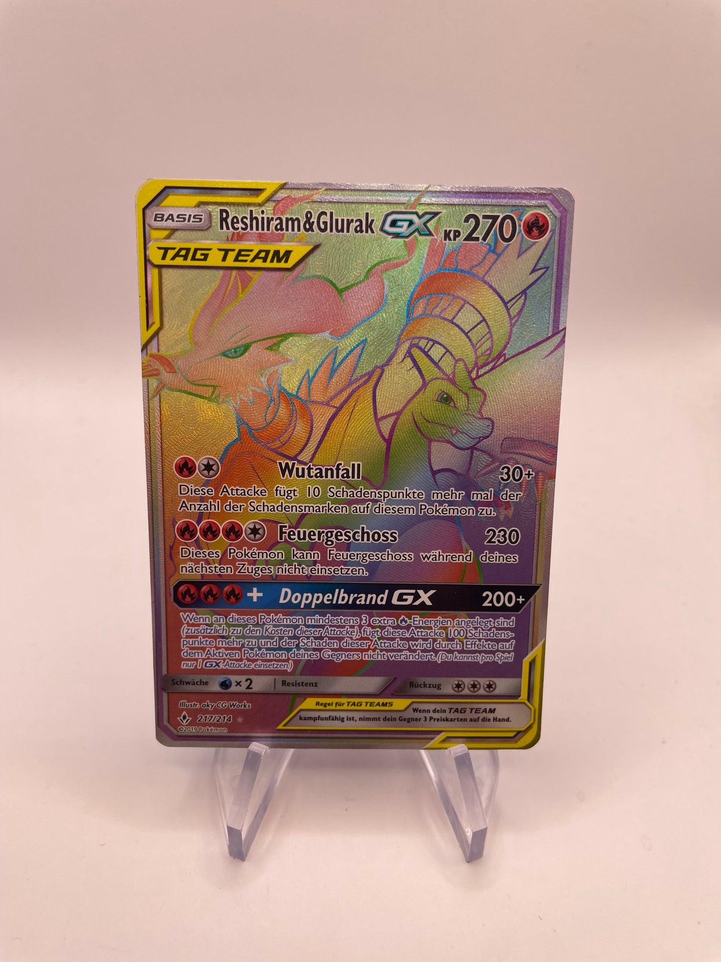 Pokemon Karte Tag Team Rainbow Glurak und Reshiram 217/214 Deutsch