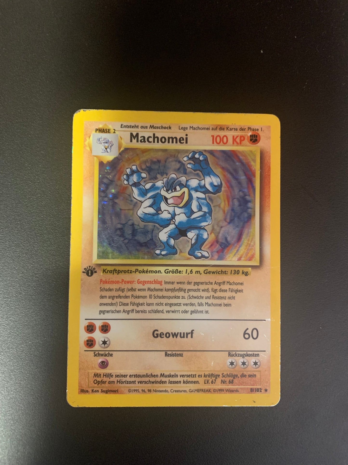 Pokemon Karte 1.Edition Holo Machomei 8/102 Deutsch